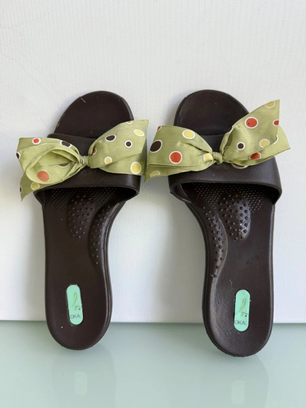 Okabashi Brown Slide Sandals Green Bow Polka Dot Open Toe Slip On Size M